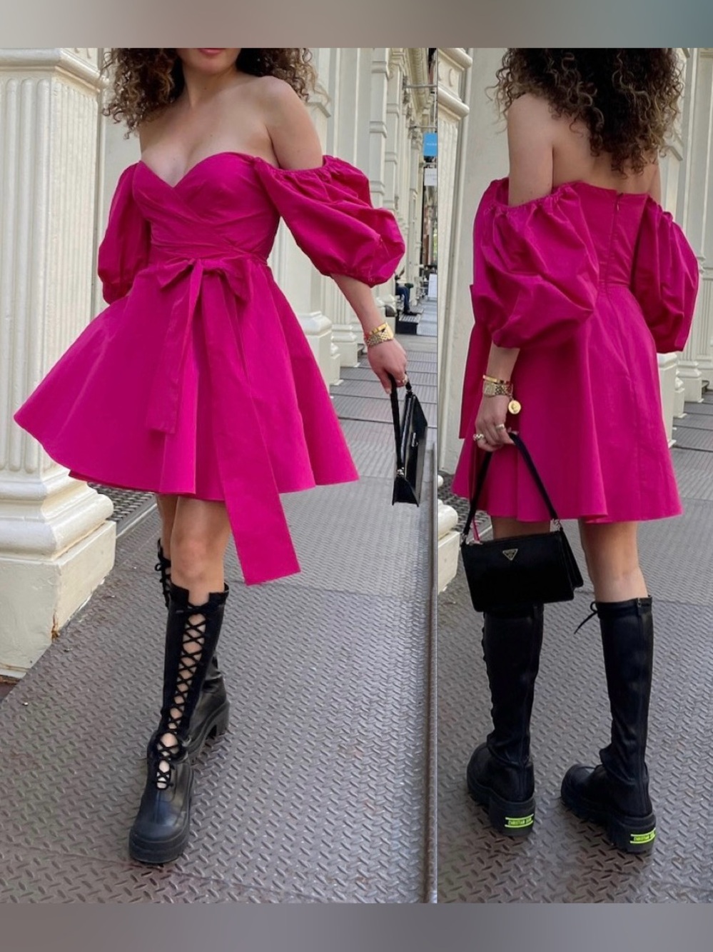 Valentino Hot Pink Puff-Sleeve Mini Dress with Waist Bow